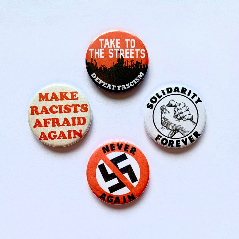 Antifascist Badge Set 4 Anti-Fascist Anti-Nazi Pin Buttons Socialist Protest image 1