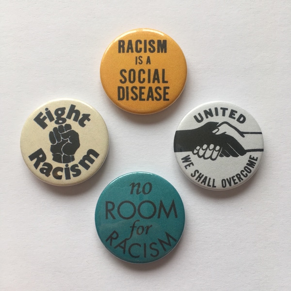 Set of 4 Anti-Racist Antifa Equality Black Rights Vintage Style Pin Badges