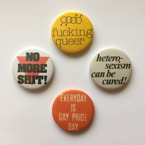 4 Gay Pride Badges Queer Buttons Vintage Remake Pins Retro Heterosexism Pink Triangle