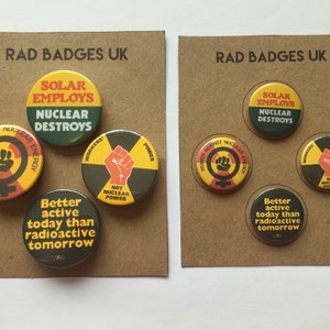 Pu&ograve; includere: Un set di sei badge rotondi e colorati con slogan antinucleari. I badge presentano slogan come "Solar Employs, Nuclear Destroys", "Women Against Nuclear Energy", "Workers Power, Not Nuclear Power", e "Better Active Today Than Radioactive Tomorrow".