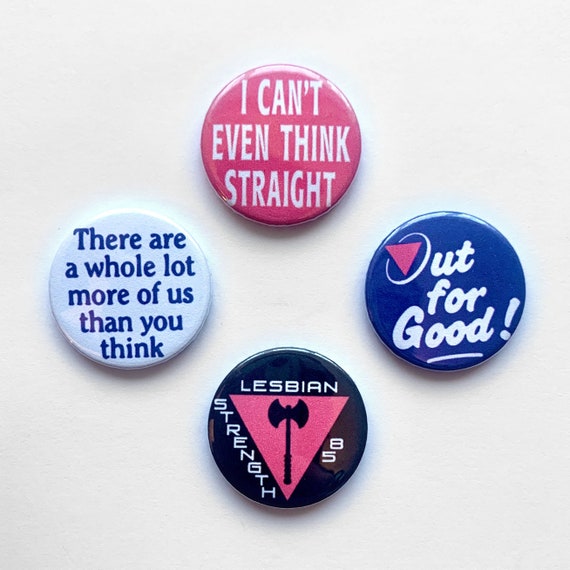 4 Lesbian Button Badges LGBTQ Gay Pride Pin Set Vintage Remake Retro 80s