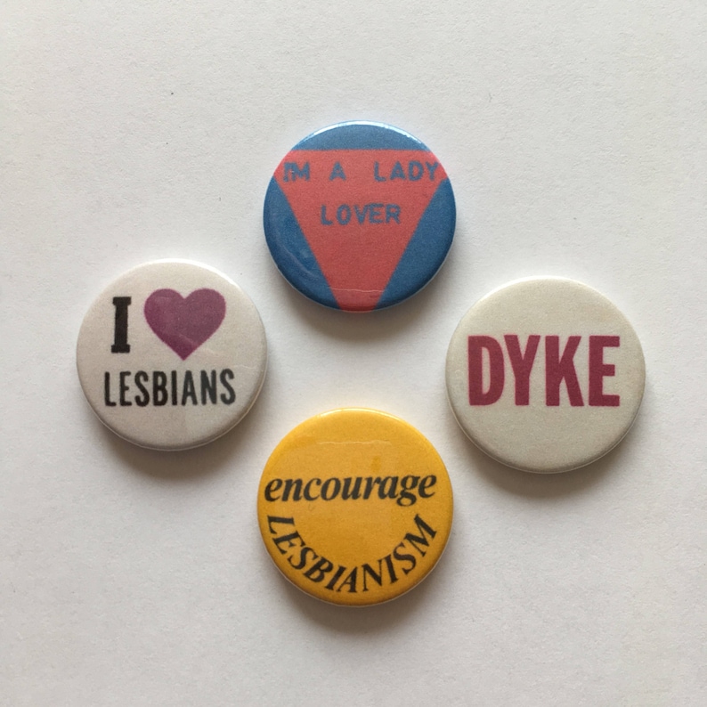 Lesbian 4 Badge Set LGBT Dyke Triangle Vintage Remake LGBT Pride Buttons image 1