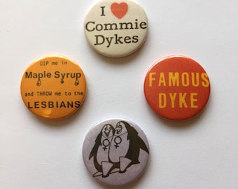 4 Lesbian Button Badges LGBT Pride Gay Pins Vintage Remake Sapphic Dyke Communist