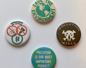 Set of 4 Environmentalist Button Badges Pinback Buttons Climate Change Global Warming Retro Remake Pollution Protest