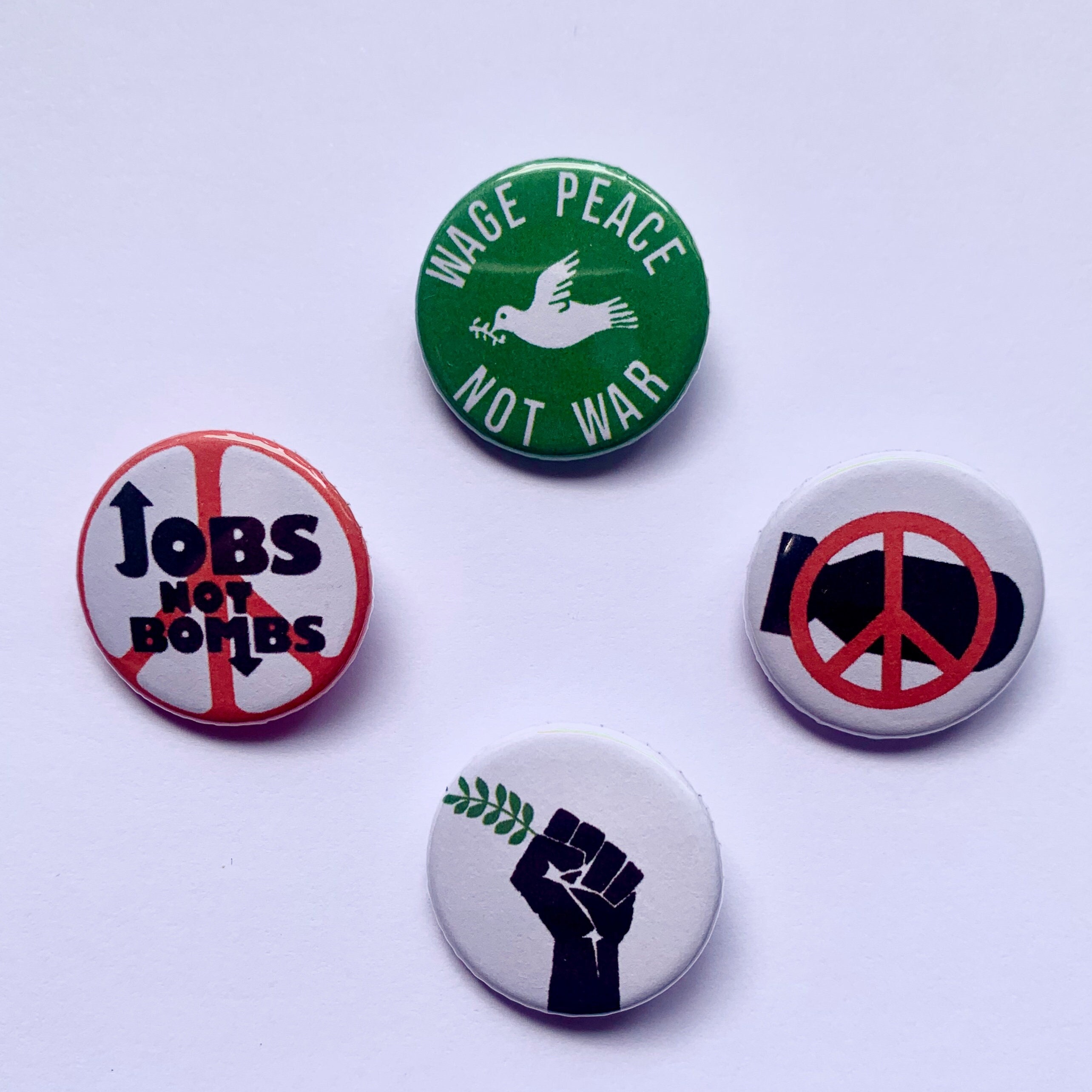 4 Set Peace Protest Buttons Anti-war Jobs Not Bombs Pin Buttons