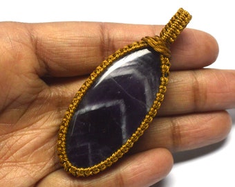 Beautiful Attractive Quality Amethyst Pendent Gemstone, Oval Shape Stone, Semi Precious, Solid Macrame Pendent Amethyst, Size 64X24X7 MM