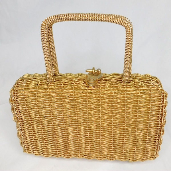 Vintage Gold Woven Metal Top Handle Mini Box Bag Made In Hong Kong