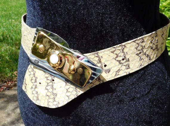 Vintage Snakeskin Leather Gold Silver Buckle Belt - image 2