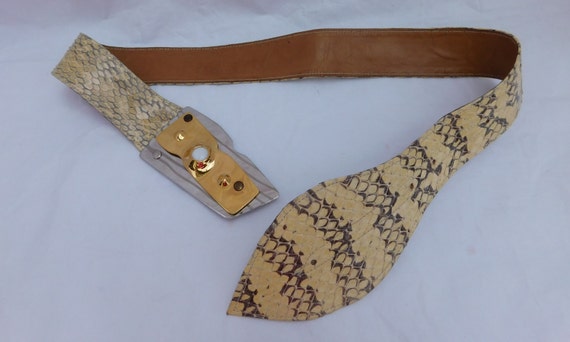Vintage Snakeskin Leather Gold Silver Buckle Belt - image 6