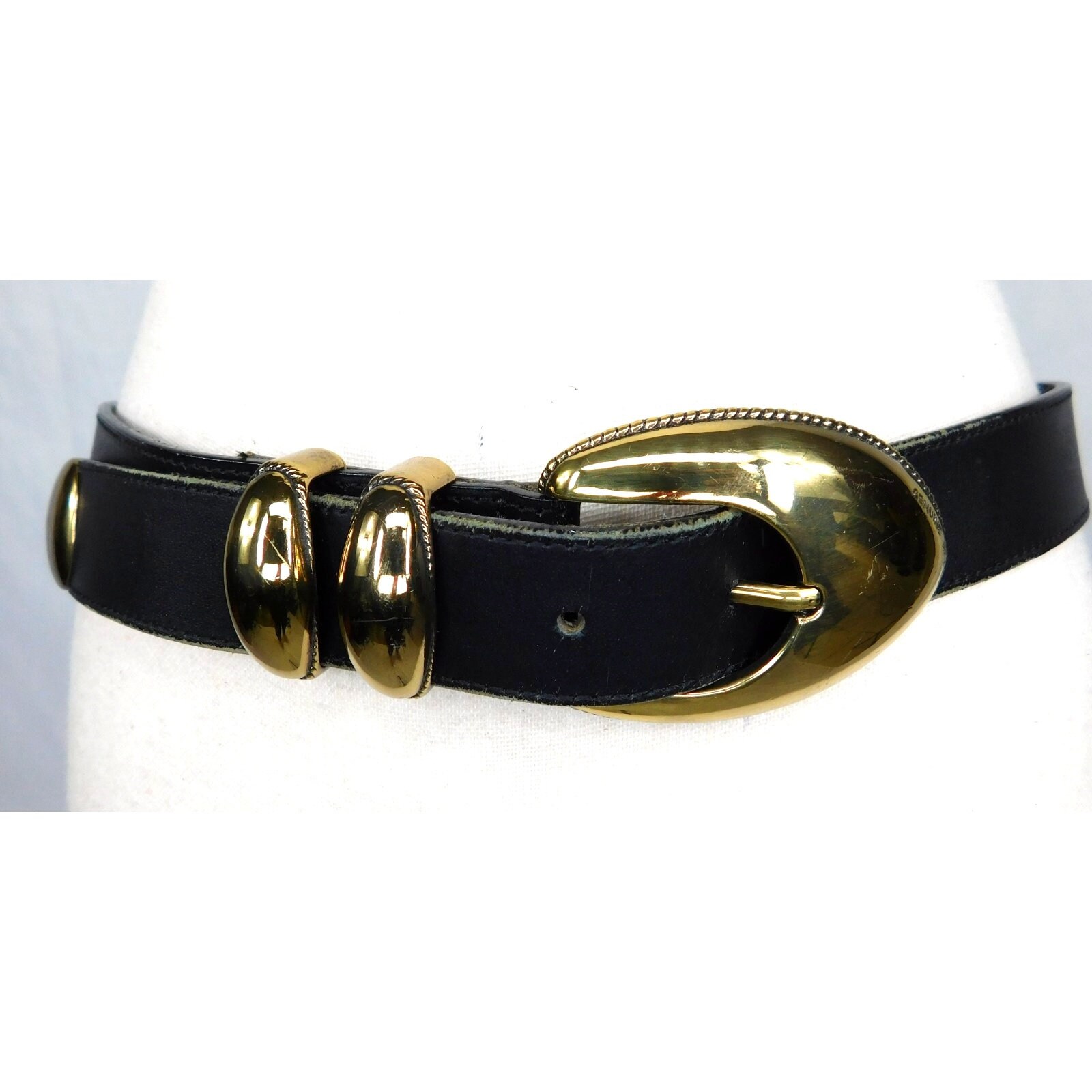 Vintage Michael Rose Black Leather Brass Buckle Belt M/L 