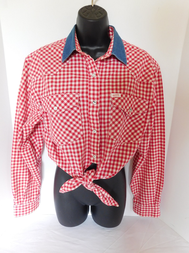 Vintage Guess Pearl-Snap Gingham Western Daisy Duke Front Tie Top