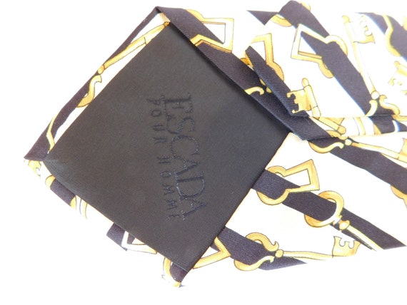 Vintage ESCADA Necktie 100% Silk Gold Keys Stripe… - image 7