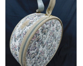 French Luggage Co. Tapestry Suede Rose Train Case Round Hat Case Carry-On Bag