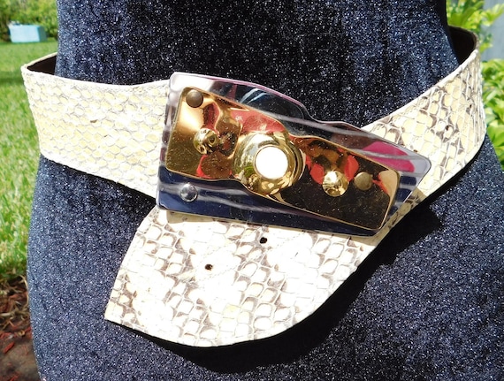 Vintage Snakeskin Leather Gold Silver Buckle Belt - image 4
