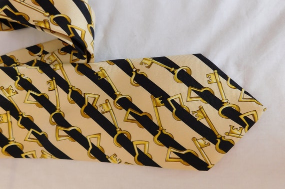 Vintage ESCADA Necktie 100% Silk Gold Keys Stripe… - image 5