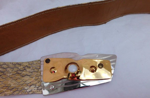 Vintage Snakeskin Leather Gold Silver Buckle Belt - image 7