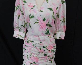 Vintage Pink Floral Print Runched  Bottom Mini Dress SZ 40 Y2K