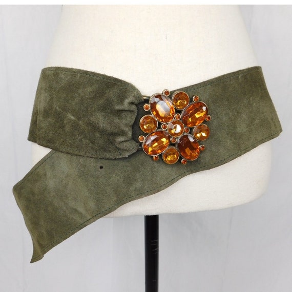 Vintage Green Suede Leather Wide Boho Belt With S… - image 1