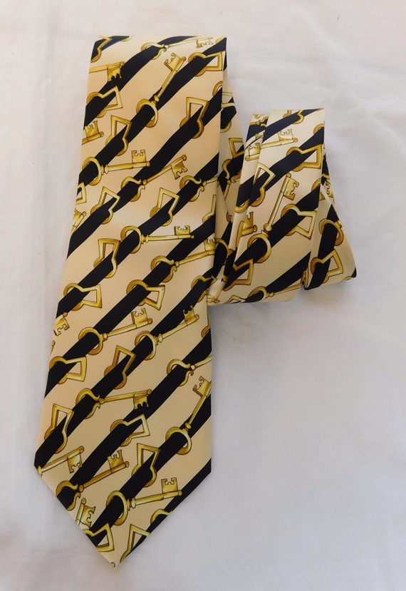 Vintage ESCADA Necktie 100% Silk Gold Keys Stripe… - image 2