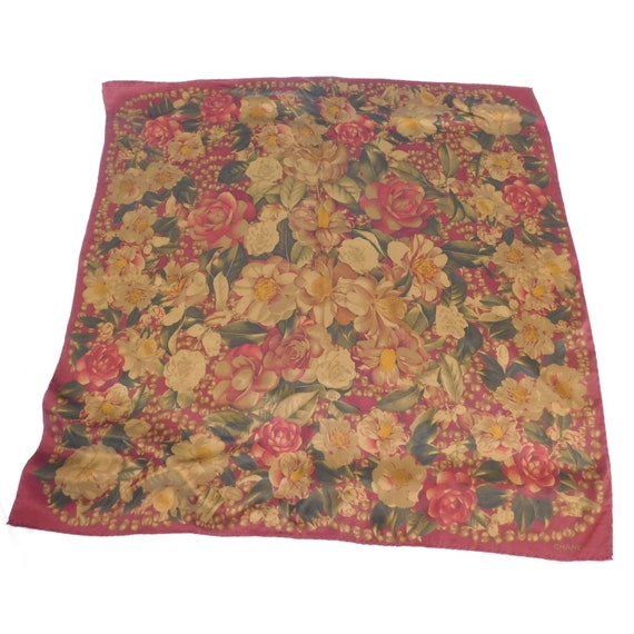 AUTHENTIC Vintage Chanel Red Floral Print Silk Sca