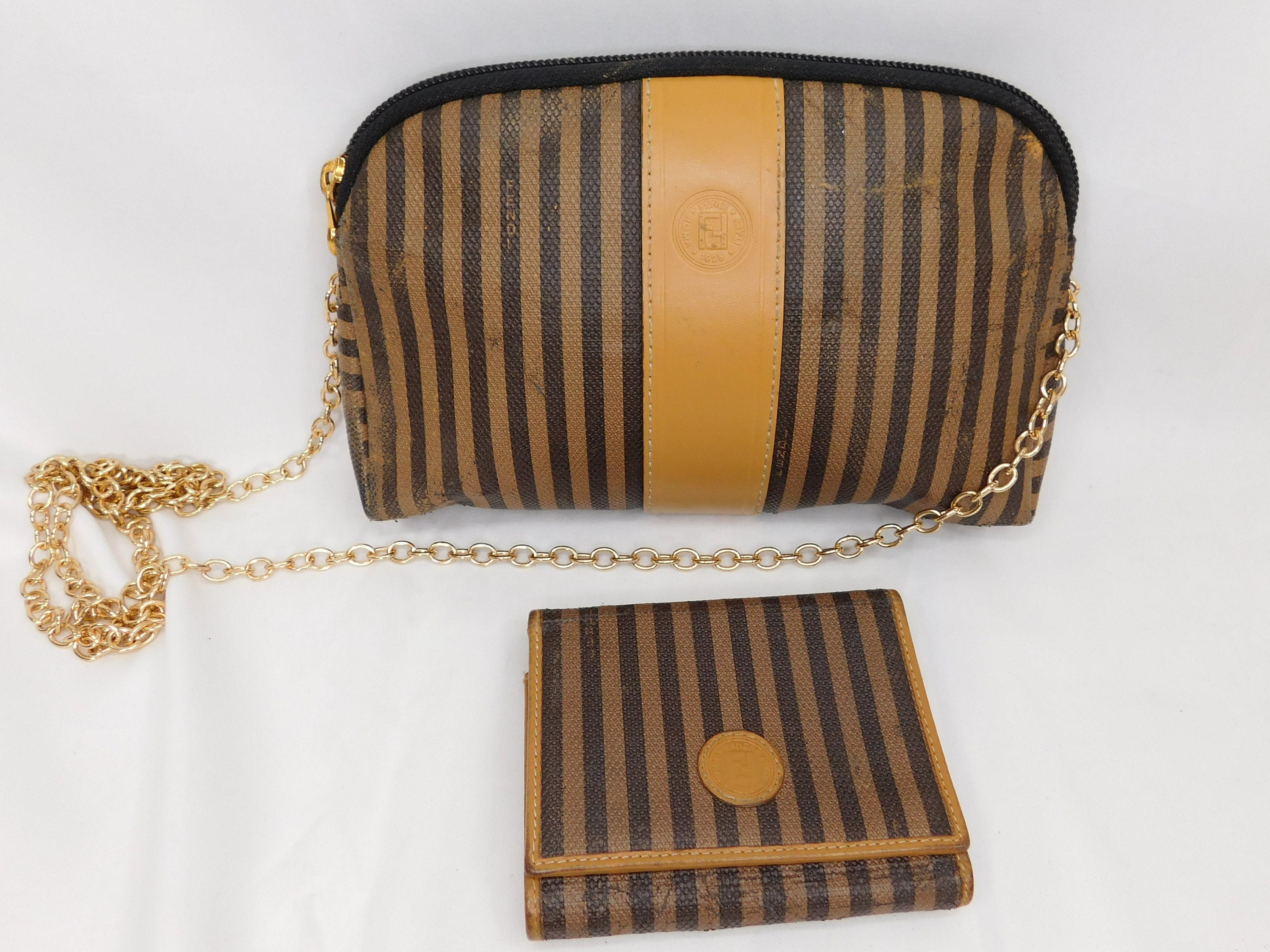 Vintage FENDI Pequin 1980s Crossbody Striped Leather and Coated