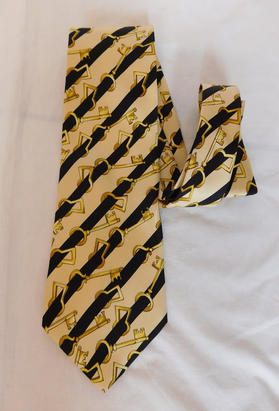 Vintage ESCADA Necktie 100% Silk Gold Keys Stripe… - image 1