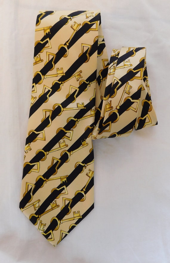 Vintage ESCADA Necktie 100% Silk Gold Keys Stripe… - image 3