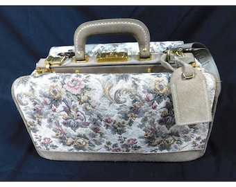 French Luggage Co. Tapestry Suede Rose Train Case Cosmetic Carry-On Doctor Bag