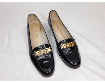 Vintage Salvatore Ferragamo Black Patent Leather Loafers SZ 6.5