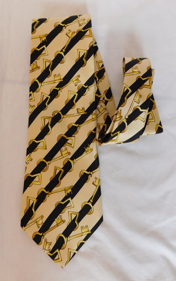 Vintage ESCADA Necktie 100% Silk Gold Keys Stripe… - image 4