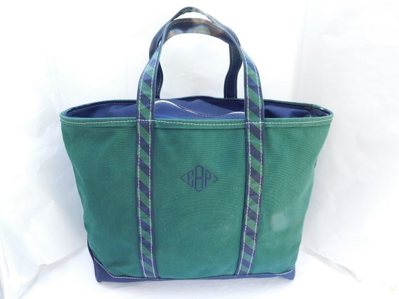 Vintage LL Bean Boat And Tote XL Canvas Bag Teal Blue Made In USA  monogrammed