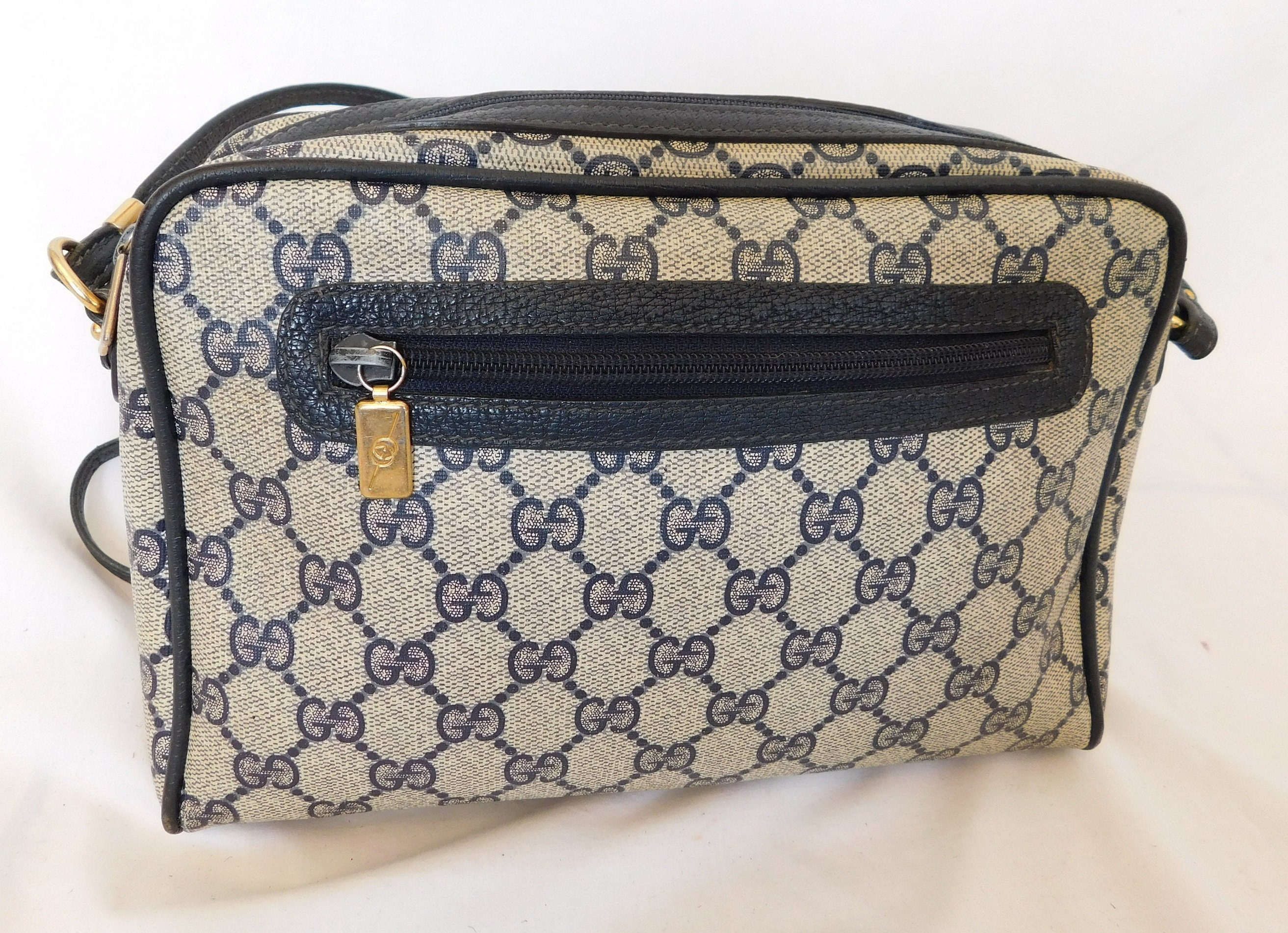 Gucci Vintage Round Navy Blue Monogram Leather Bag – Amarcord