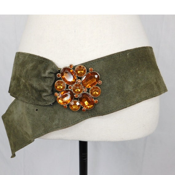 Vintage Green Suede Leather Wide Boho Belt With S… - image 4