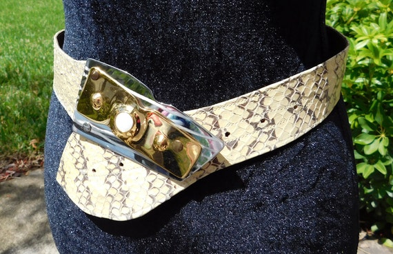 Vintage Snakeskin Leather Gold Silver Buckle Belt - image 3