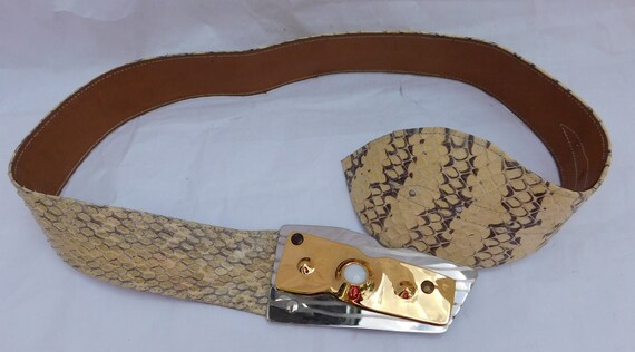 Vintage Snakeskin Leather Gold Silver Buckle Belt - image 5