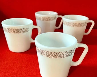 Vintage Pyrex Woodland Mugs, Set of 4, Milk Glass, Flowers, Coffee, Tea, Gift