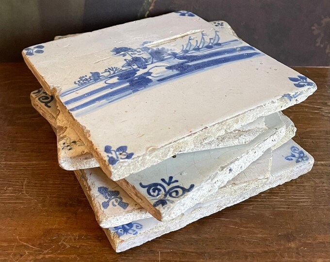 Antique DELFT TILES Set, Hand Painted, Tile, Blue and White