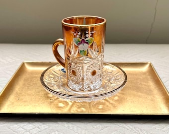 Czech Glass, Crystal, Teacups and Saucers, Bohemia, Enamel Floral Design, Set of 6