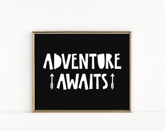 Adventure Awaits Printable Art for Children's Room, Modern Playroom Wall Art, Nursery Decor Gender Neutral, Black and White Print for Kids