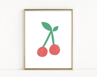 Modern Cherry Printable Art, Scandinavian Fruit Print, Modern Print, Cherry Wall Art, Kitchen Decor, Wall Art Kitchen, Scandinavian Modern