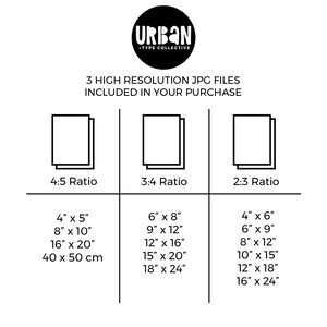 Może przedstawiać: Wykres przedstawiający r&oacute;żne proporcje obrazu dla wydruk&oacute;w cyfrowych, z wymiarami w calach i centymetrach. Wykres zawiera proporcje 4:5, 3:4 i 2:3. Tekst "URBAN &bull;TYPE COLLECTIVE" znajduje się w g&oacute;rnej części wykresu.
