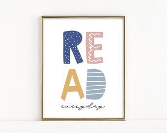 Read Everyday Digital Download Art Print, Playroom Printable Artwork for Kids, Pastel Rainbow Printable Wall Decor