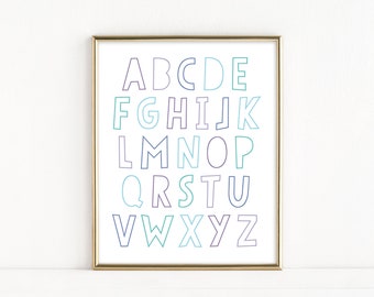 Alphabet Print, ABC Printable, Purple Blue Teal ABC Wall Decor, Alphabet Playroom Poster, Nordic Art for Kids, Educational Artwork