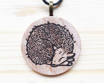 Sleeping lamb necklace. Wooden pendant can be personalized.