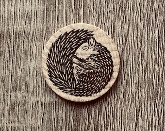 Sleeping Squirrel Pin. Printed on wood.