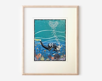 Scuba Diver Art Print: 16x20 Original Relief Print, Limited Edition