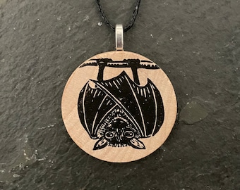 Bat Necklace. Wooden pendant can be personalized.