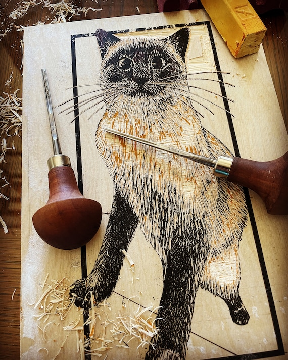 Siamese Cat Woodcut Art. Original Print Made From My Carving