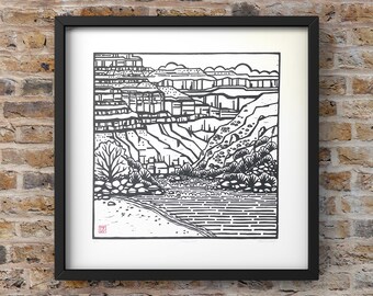 Grand Canyon Arizona landscape art. Image is of Stonecreek on the Colorado River. Hand-printed linocut. Signed and numbered.