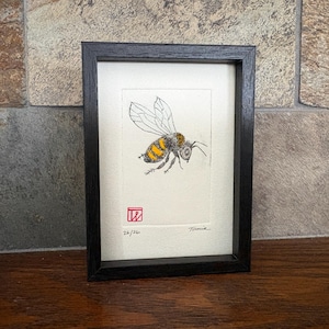 May include: Framed artwork featuring a detailed illustration of a bee with yellow and black stripes, set against a cream-colored background. The bee is enclosed in a black frame. The artwork is signed and numbered 26/26.